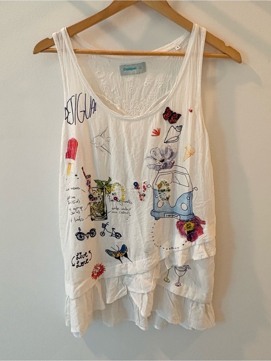 Desigual Tops - Desigual White Embroidered Floral Sleeveless Top